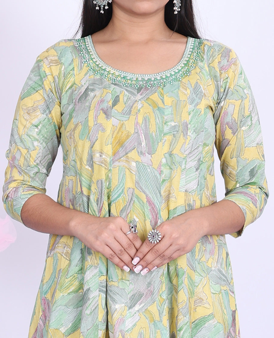 Twara yellow abstract-printed & neck embroidery round neck with 3/4th sleeve cotton a-line calf-length kurti