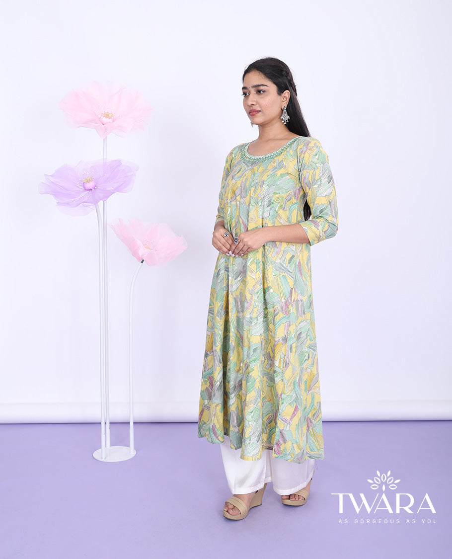 Twara yellow abstract-printed & neck embroidery round neck with 3/4th sleeve cotton a-line calf-length kurti