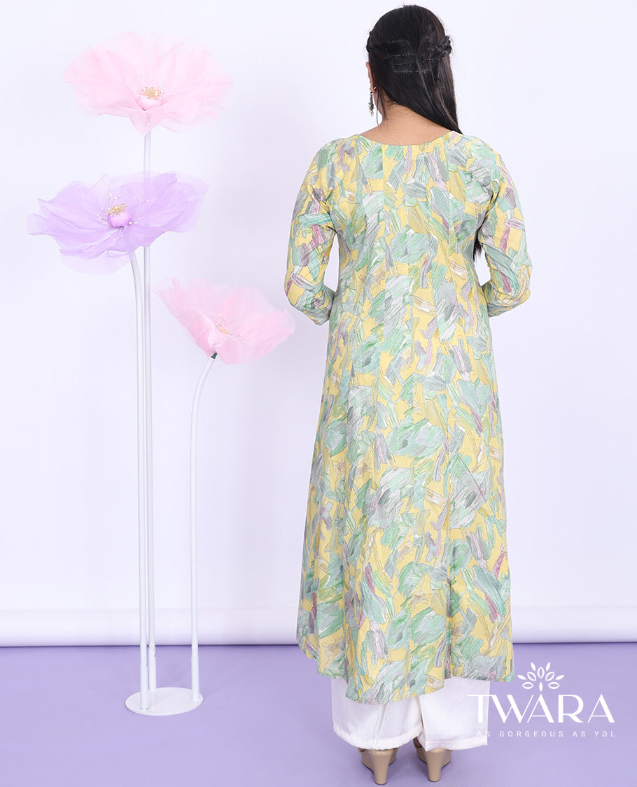 Twara yellow abstract-printed & neck embroidery round neck with 3/4th sleeve cotton a-line calf-length kurti