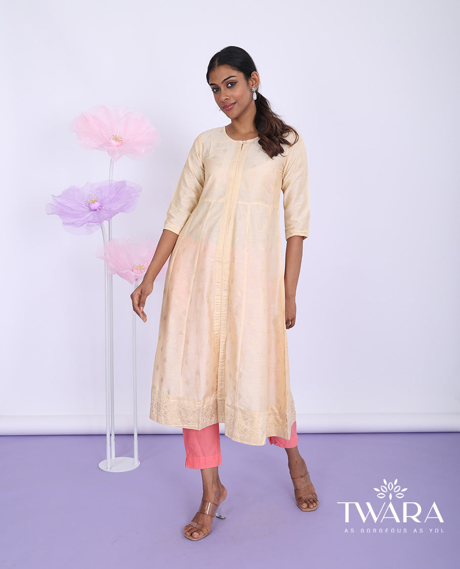 Twara sandal unique butta glitter printed round neck with 3/4th sleeve silk cotton a-line below-knee kurti