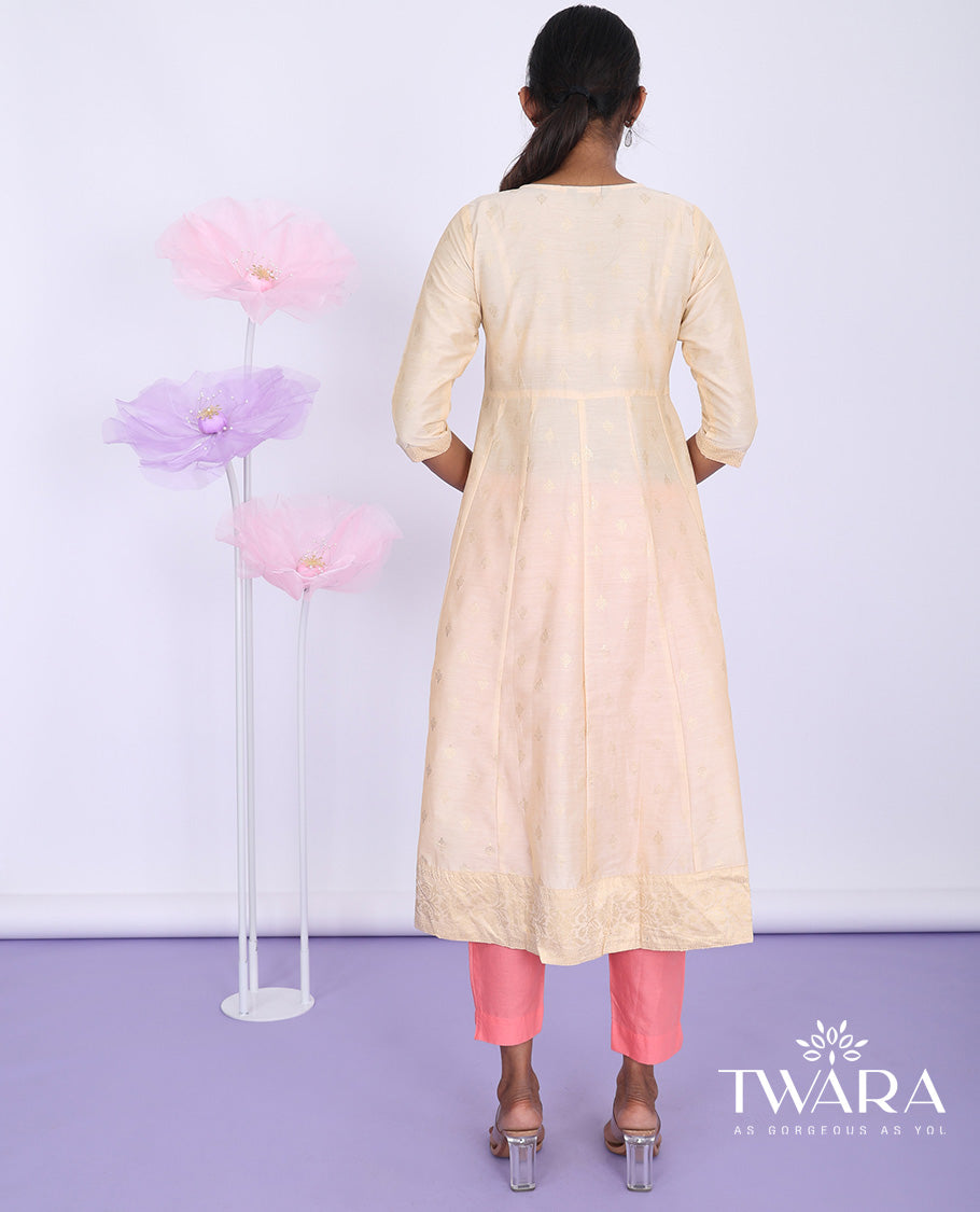 Twara sandal unique butta glitter printed round neck with 3/4th sleeve silk cotton a-line below-knee kurti