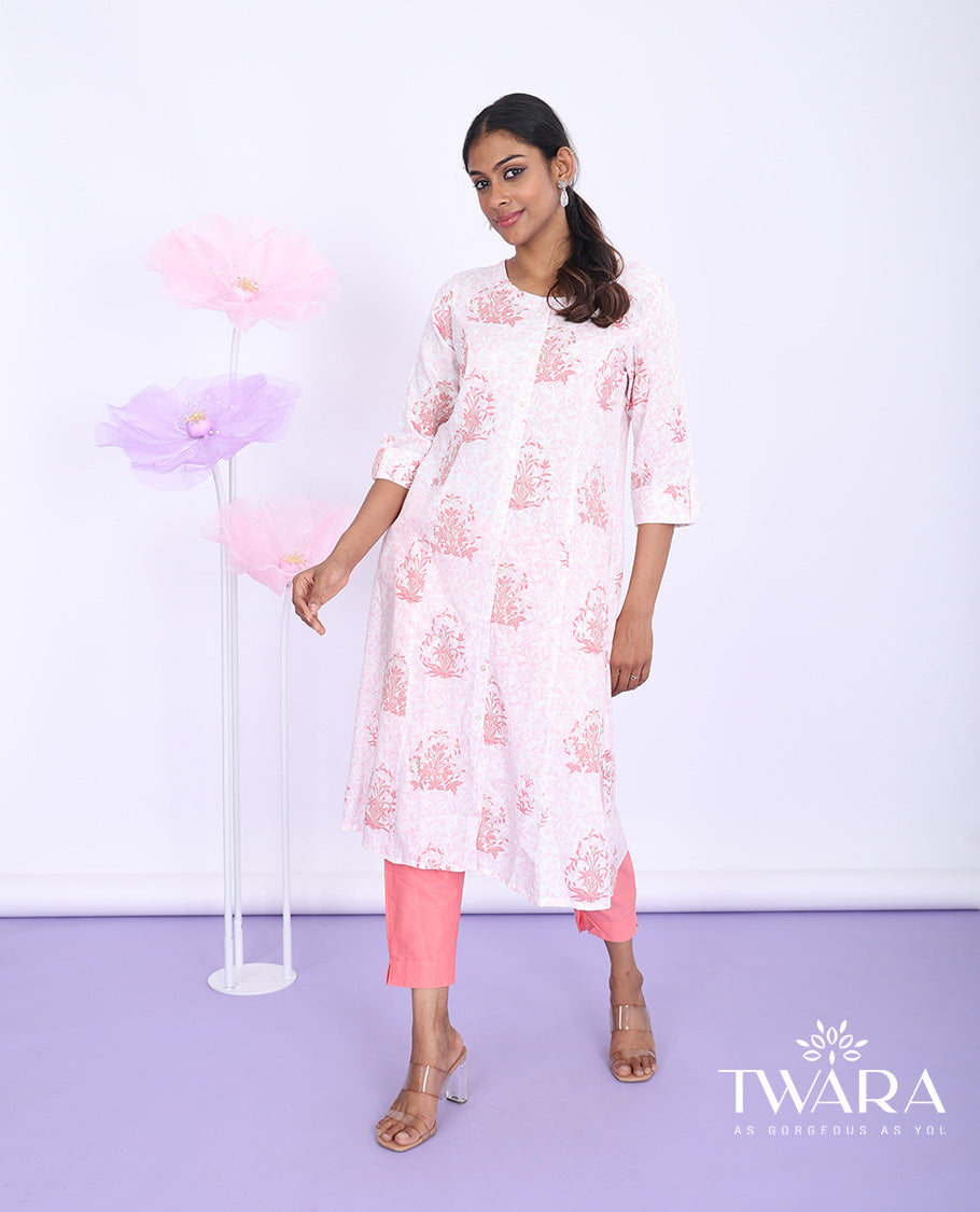 Twara pink floral printed round neck with 3/4th sleeve cotton a-line below-knee kurti