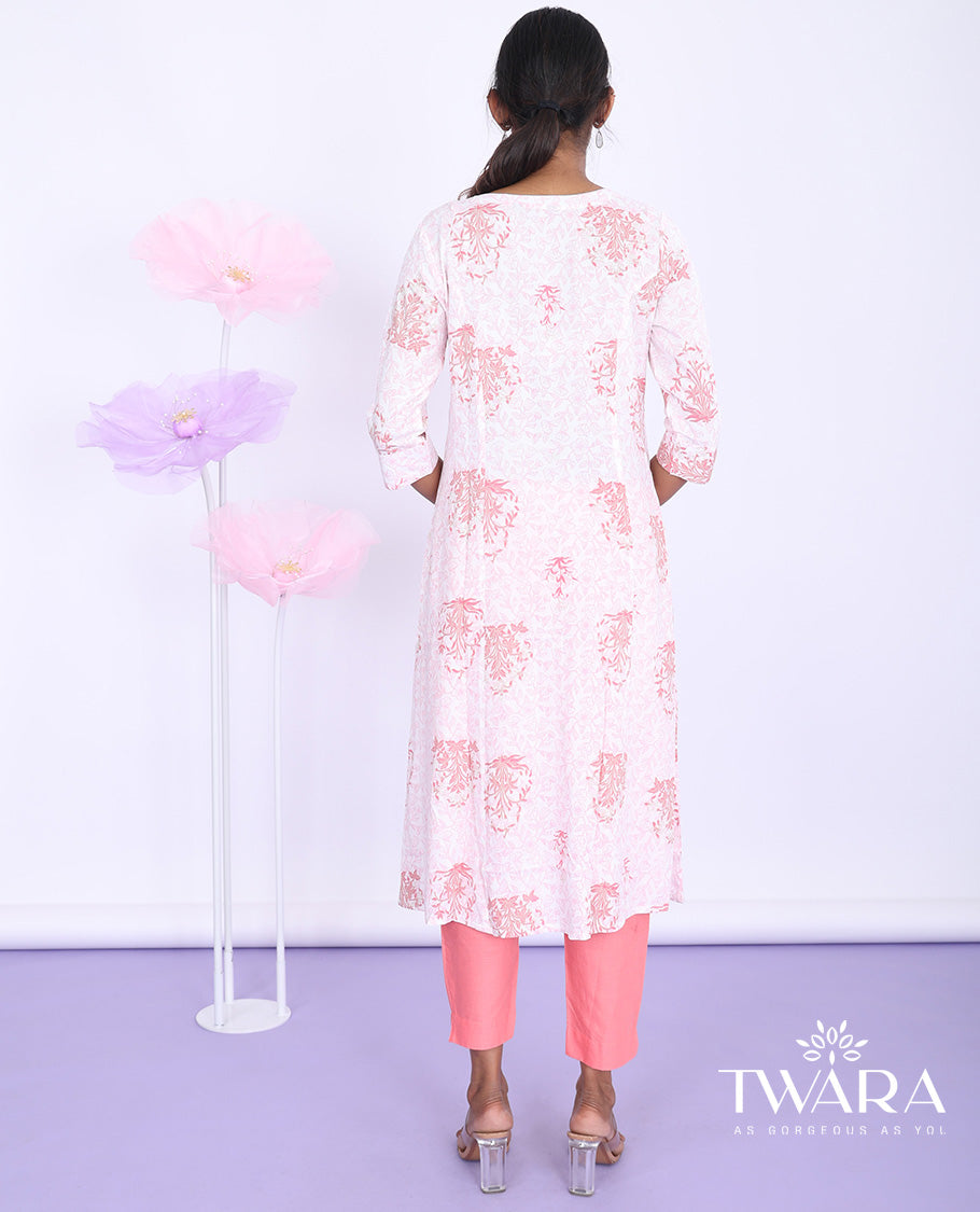 Twara pink floral printed round neck with 3/4th sleeve cotton a-line below-knee kurti