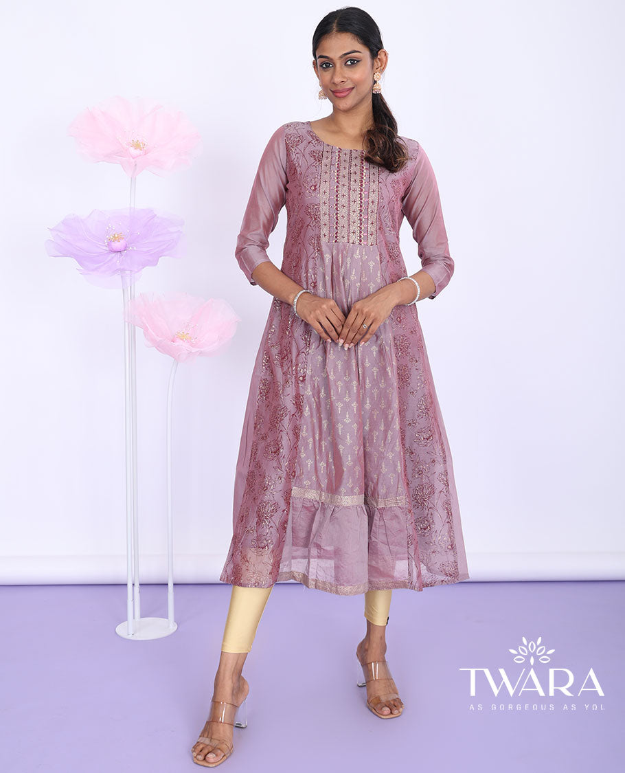 Twara purple floral glitter printed & embroidered round neck with 3/4th sleeve tissue a-line below-knee kurti