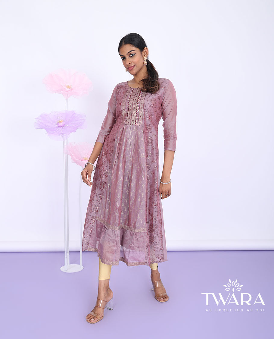 Twara purple floral glitter printed & embroidered round neck with 3/4th sleeve tissue a-line below-knee kurti