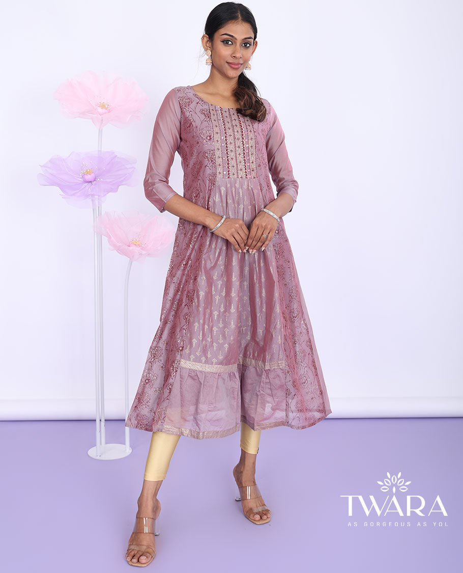 Twara purple floral glitter printed & embroidered round neck with 3/4th sleeve tissue a-line below-knee kurti