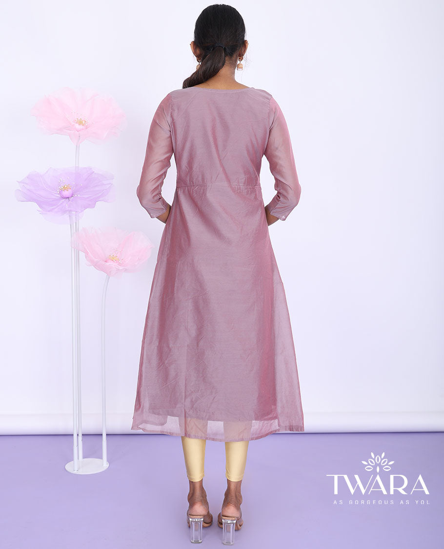 Twara purple floral glitter printed & embroidered round neck with 3/4th sleeve tissue a-line below-knee kurti