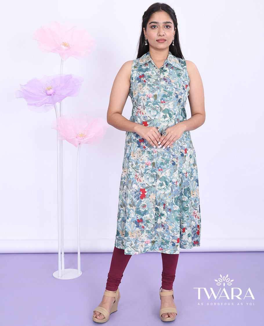 Twara multi-color floral printed regular collar with sleeveless cotton a-line below-knee kurti