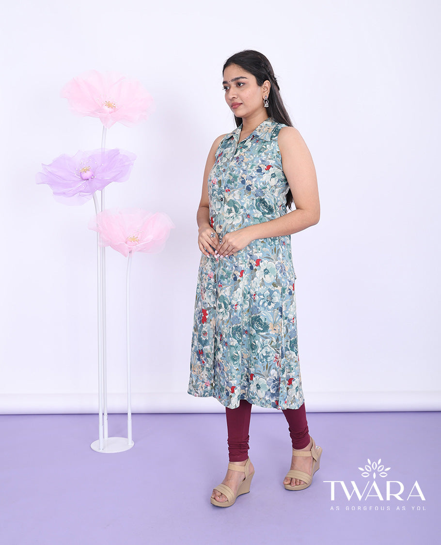 Twara multi-color floral printed regular collar with sleeveless cotton a-line below-knee kurti