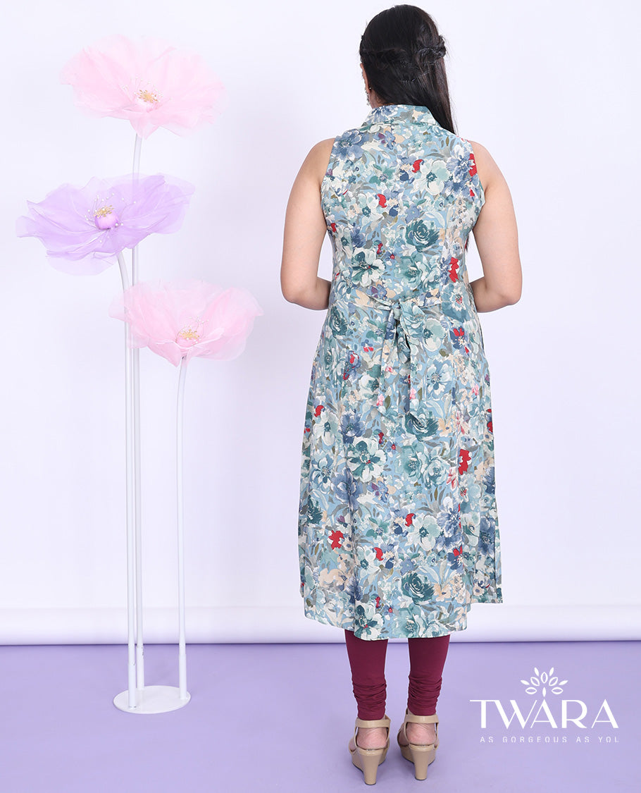 Twara multi-color floral printed regular collar with sleeveless cotton a-line below-knee kurti