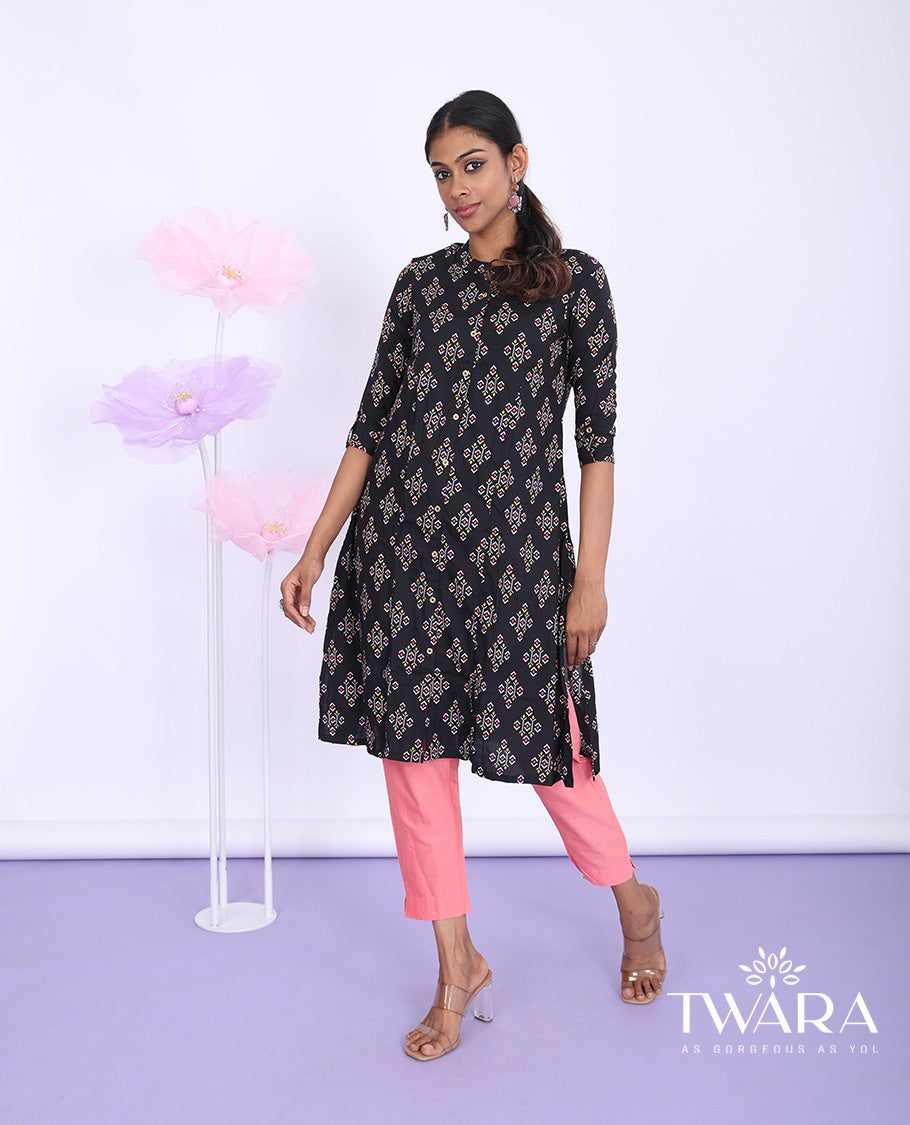 Twara black unique motifs printed Chinese collar with 3/4th sleeve rayon straight-cut knee-length kurti