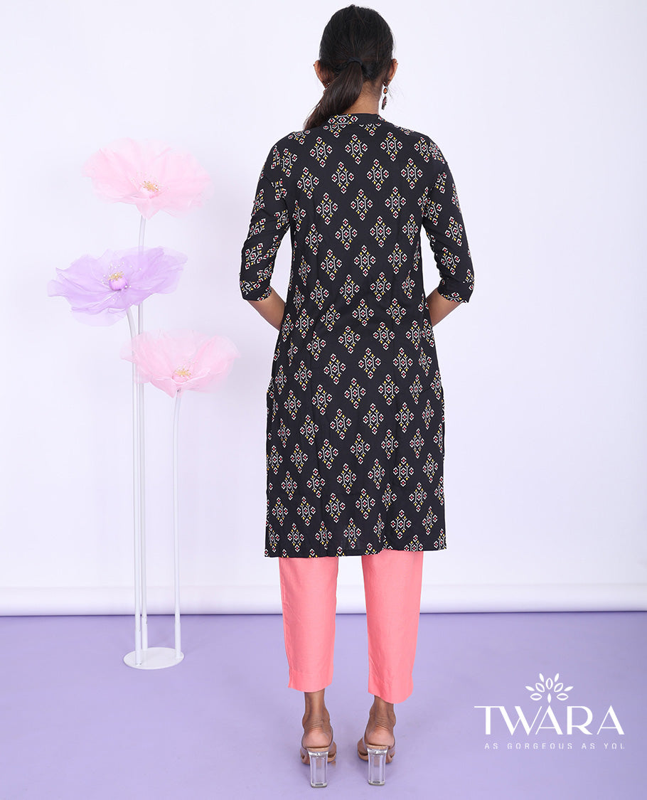 Twara black unique motifs printed Chinese collar with 3/4th sleeve rayon straight-cut knee-length kurti