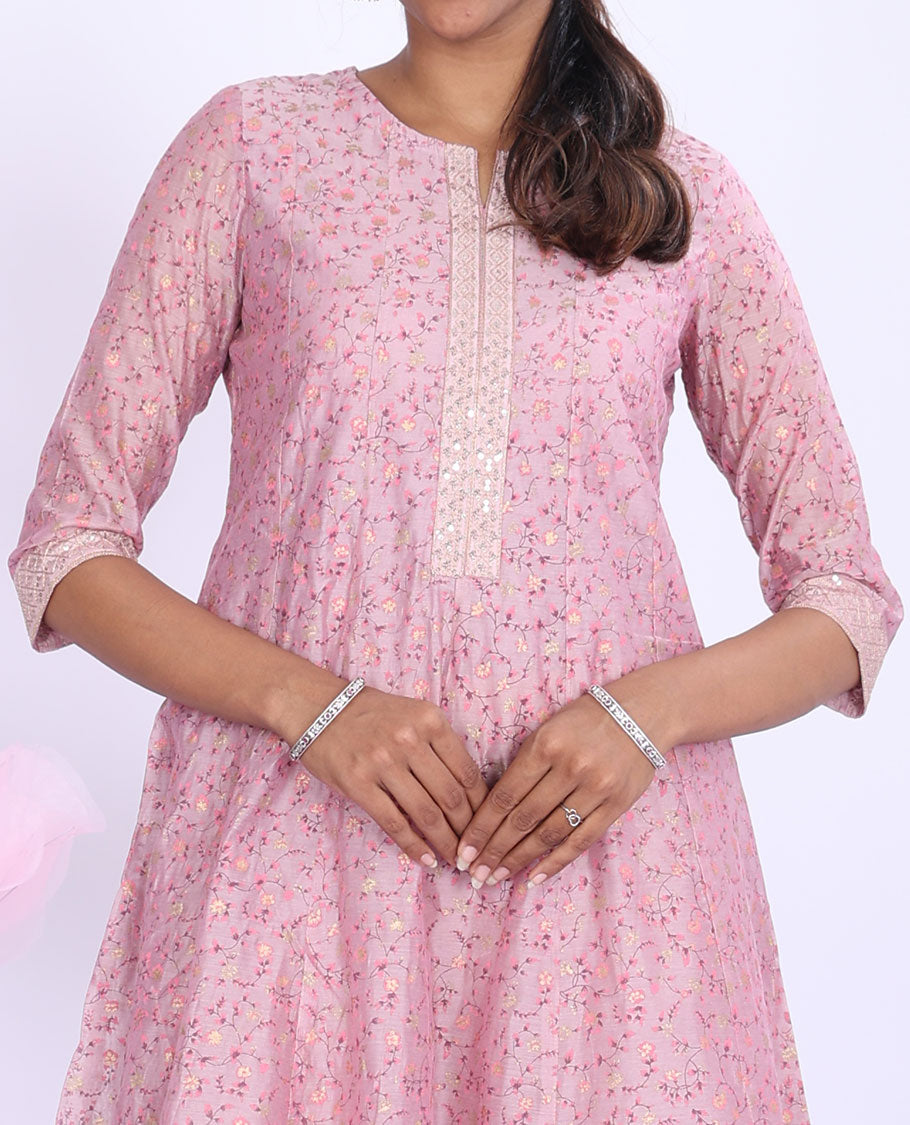 Twara pink floral print, glitter work & embroidered round neck 3/4th sleeve tissue a-line below-knee kurti