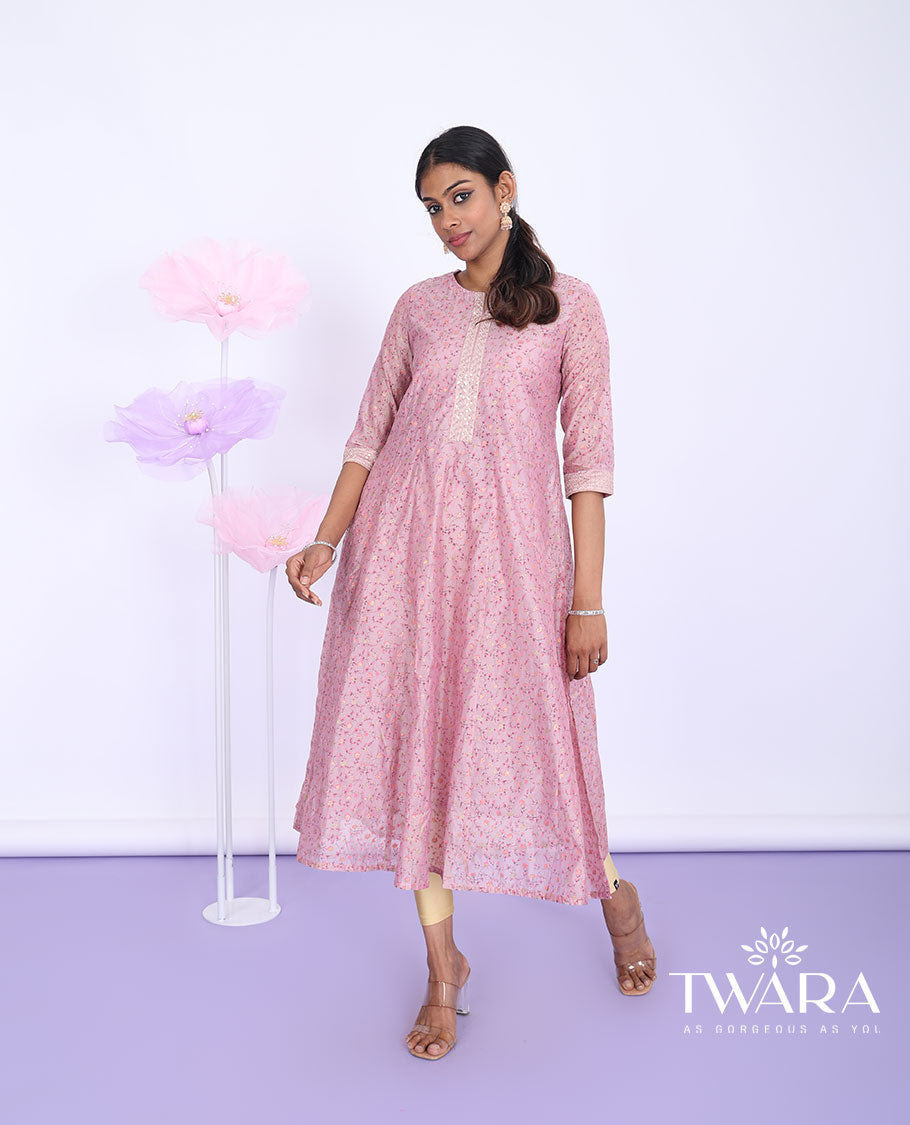 Twara pink floral print, glitter work & embroidered round neck 3/4th sleeve tissue a-line below-knee kurti