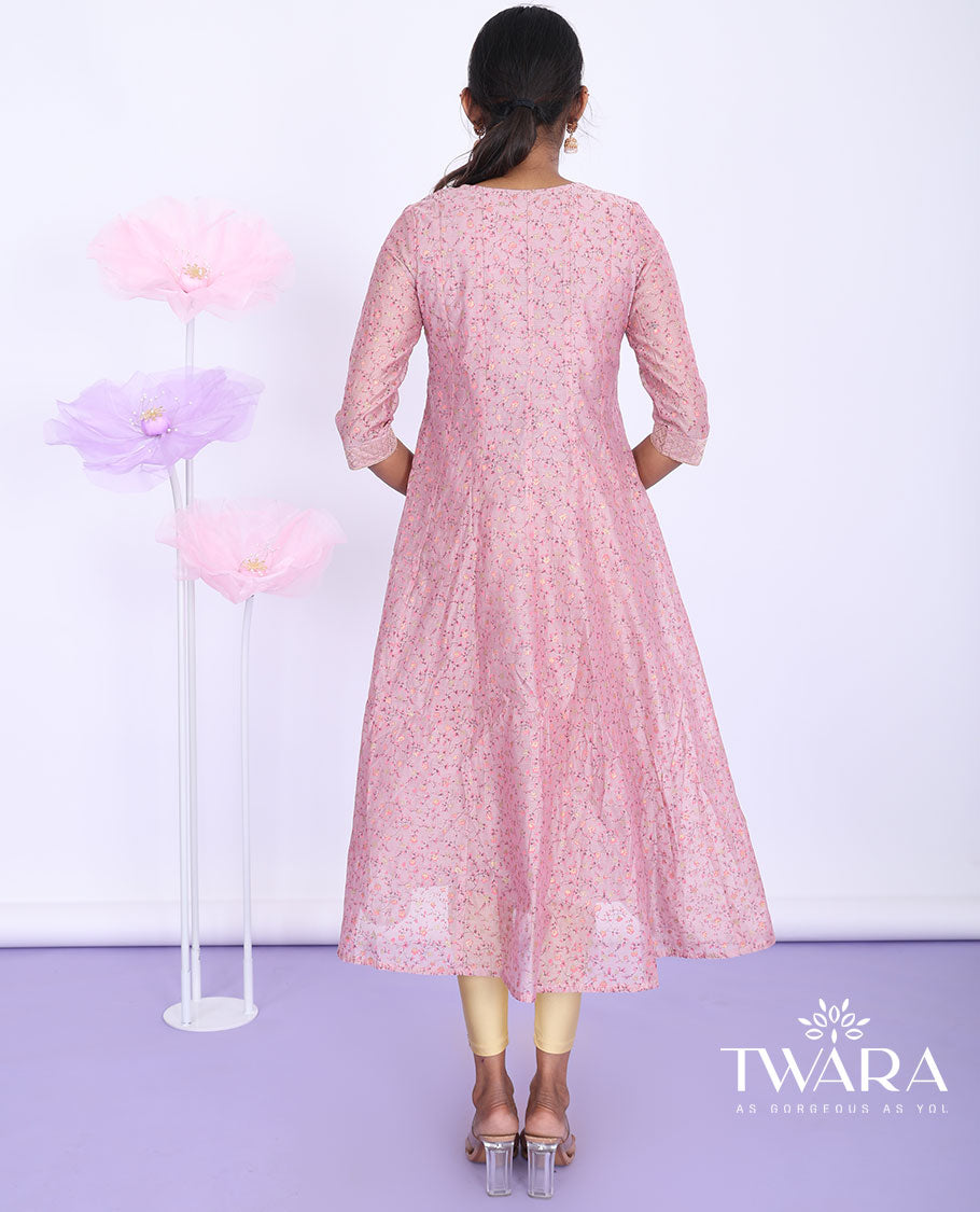 Twara pink floral print, glitter work & embroidered round neck 3/4th sleeve tissue a-line below-knee kurti