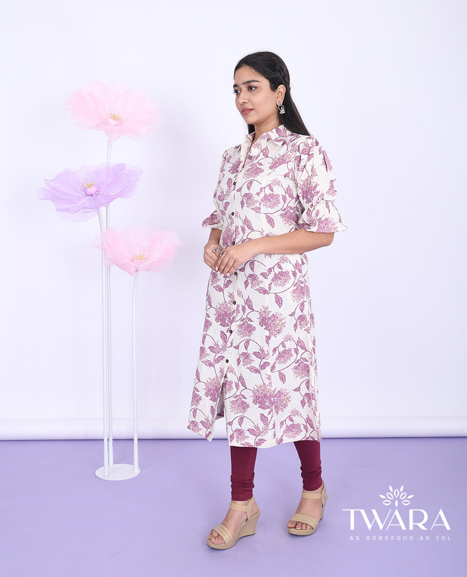 Twara cream floral vine printed regular collar with elbow puff-sleeve cotton a-line below-knee kurti