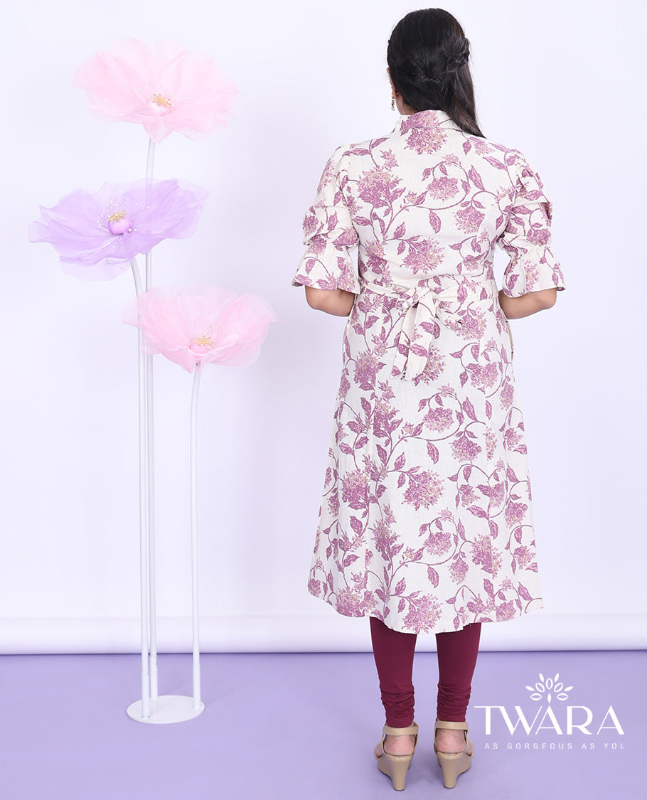 Twara cream floral vine printed regular collar with elbow puff-sleeve cotton a-line below-knee kurti