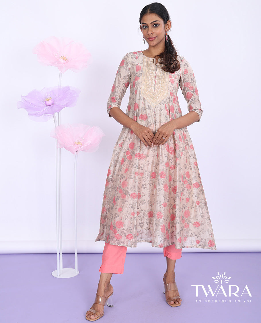 Twara brown floral vine printed & embroidered round neck with 3/4th sleeve tissue a-line below-knee kurti