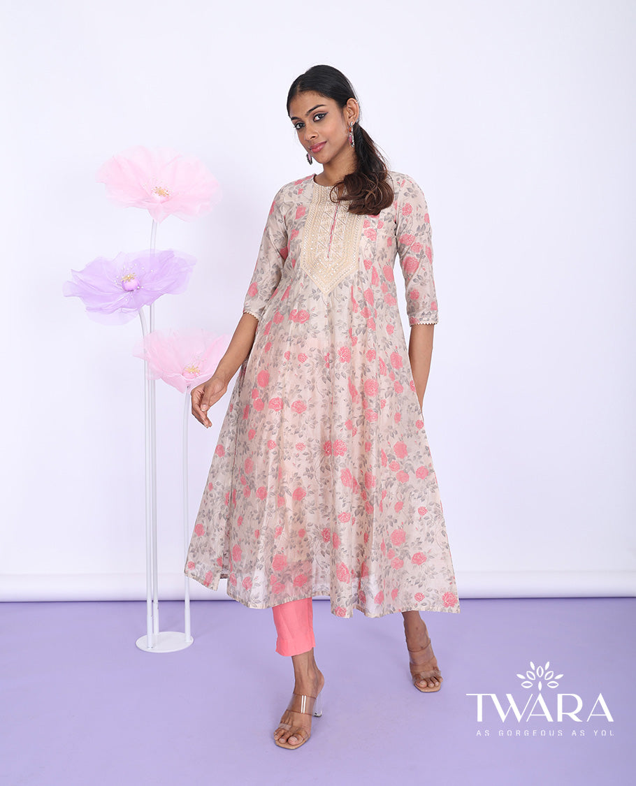 Twara brown floral vine printed & embroidered round neck with 3/4th sleeve tissue a-line below-knee kurti
