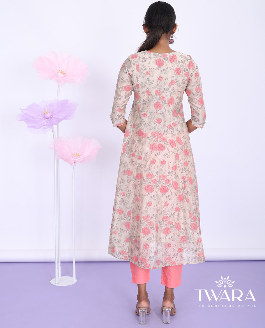 Twara brown floral vine printed & embroidered round neck with 3/4th sleeve tissue a-line below-knee kurti