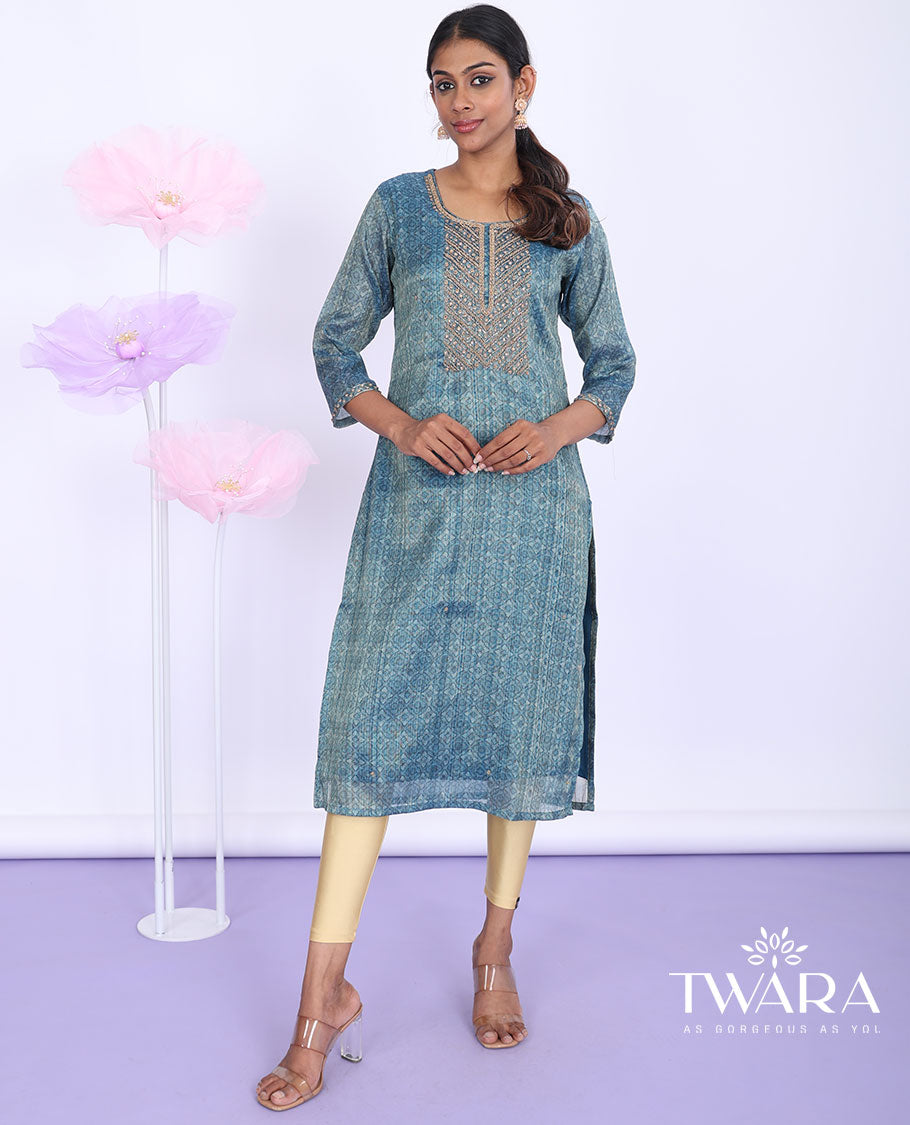 Twara blue intricately printed & embroidered round neck with 3/4th sleeve tissue straight-cut below-knee kurti