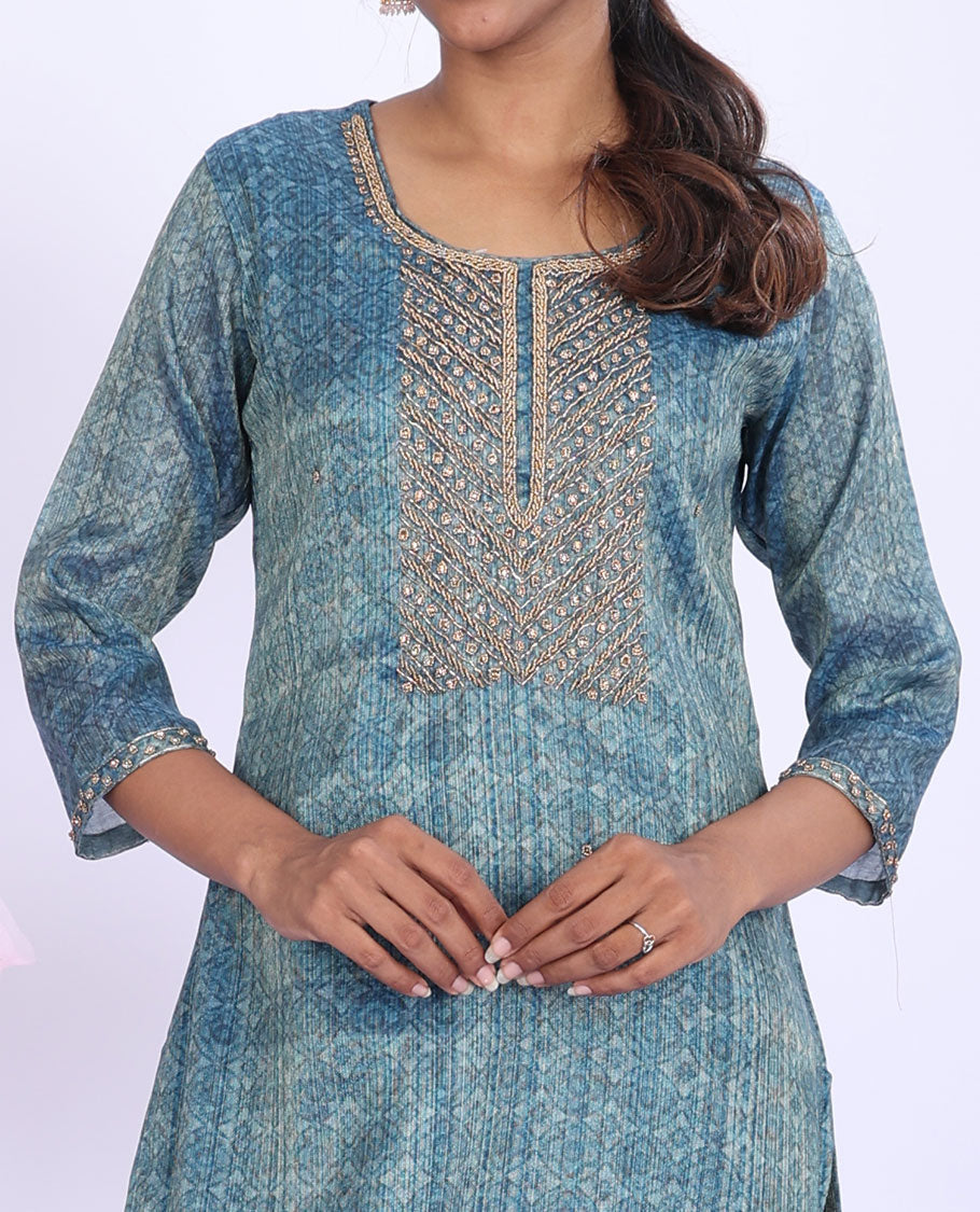 Twara blue intricately printed & embroidered round neck with 3/4th sleeve tissue straight-cut below-knee kurti