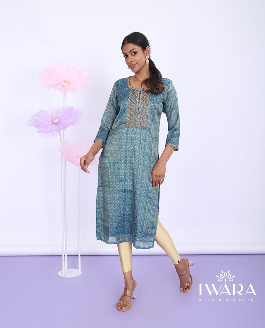 Twara blue intricately printed & embroidered round neck with 3/4th sleeve tissue straight-cut below-knee kurti