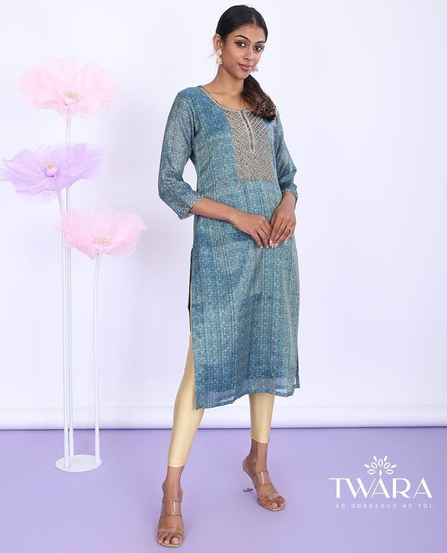 Twara blue intricately printed & embroidered round neck with 3/4th sleeve tissue straight-cut below-knee kurti
