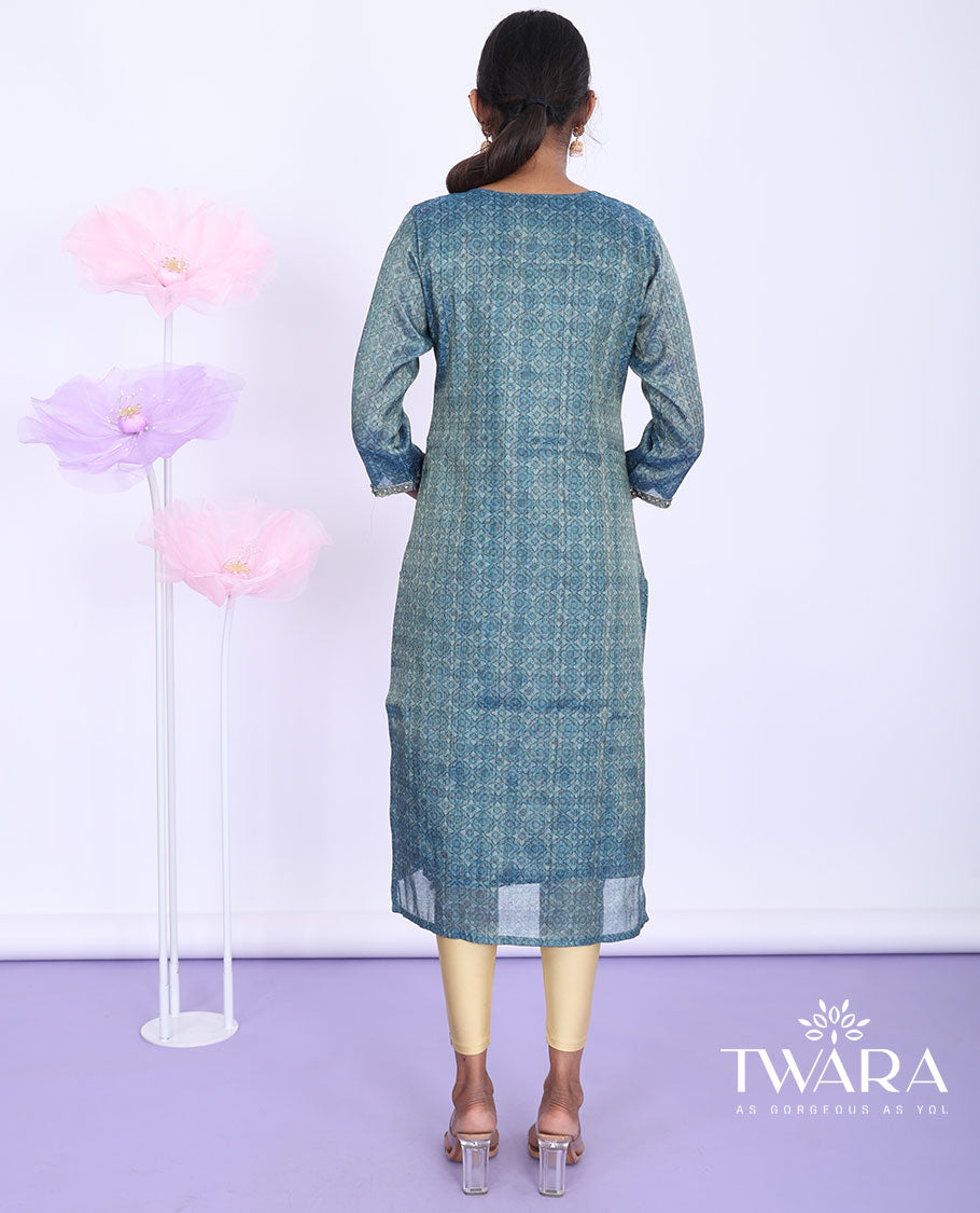 Twara blue intricately printed & embroidered round neck with 3/4th sleeve tissue straight-cut below-knee kurti