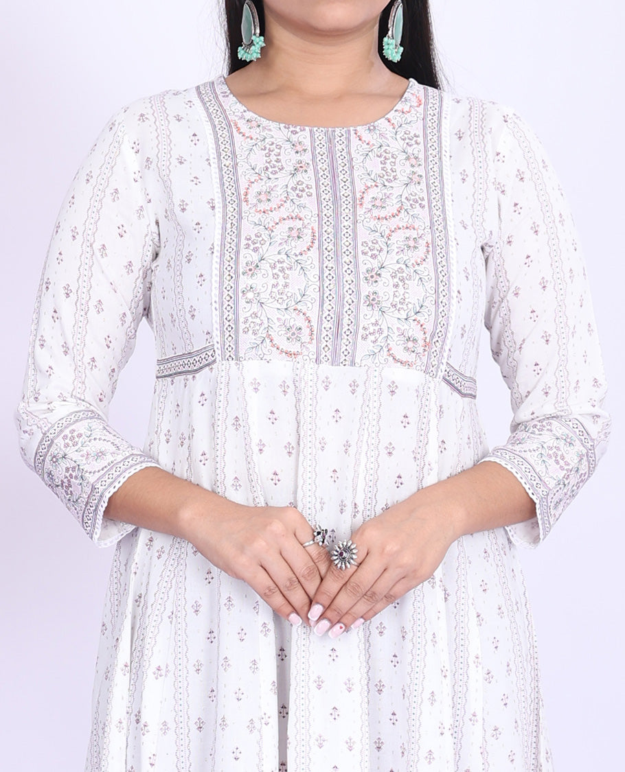 Twara cream unique motifs printed round neck with 3/4th sleeve cotton straight-cut below-knee kurti