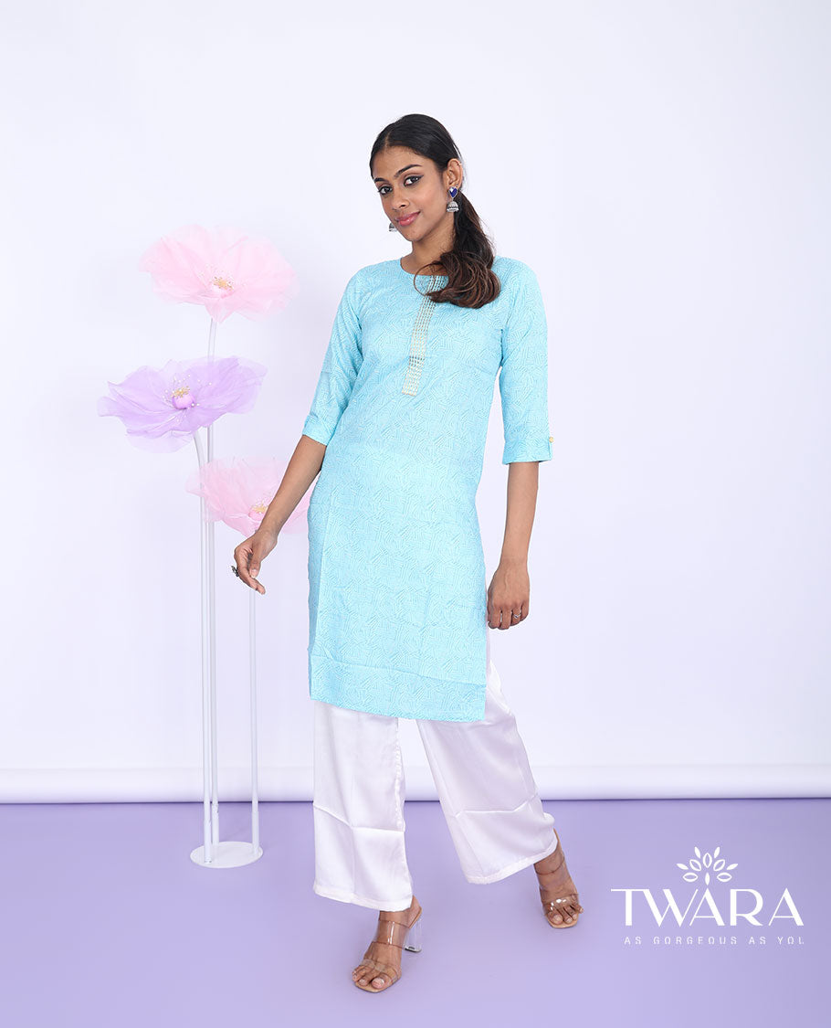 Twara blue intricately printed round neck 3/4th sleeve rayon straight-cut above-knee kurti