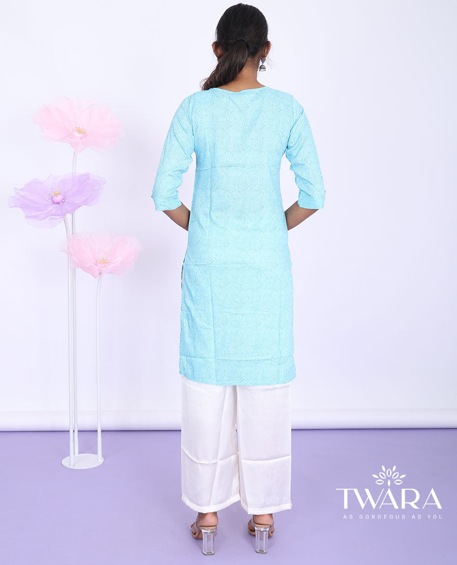 Twara blue intricately printed round neck 3/4th sleeve rayon straight-cut above-knee kurti