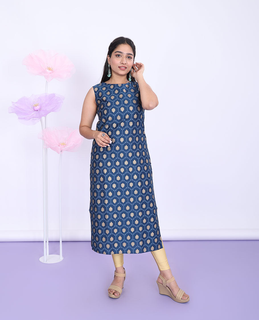 Twara blue ogee glitter print boat-neck muslin straight-cut kurti with 3/4th sleeve floral glitter print tie-up shrug