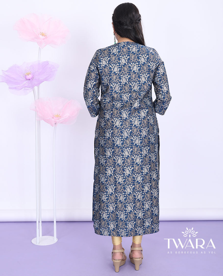 Twara blue ogee glitter print boat-neck muslin straight-cut kurti with 3/4th sleeve floral glitter print tie-up shrug