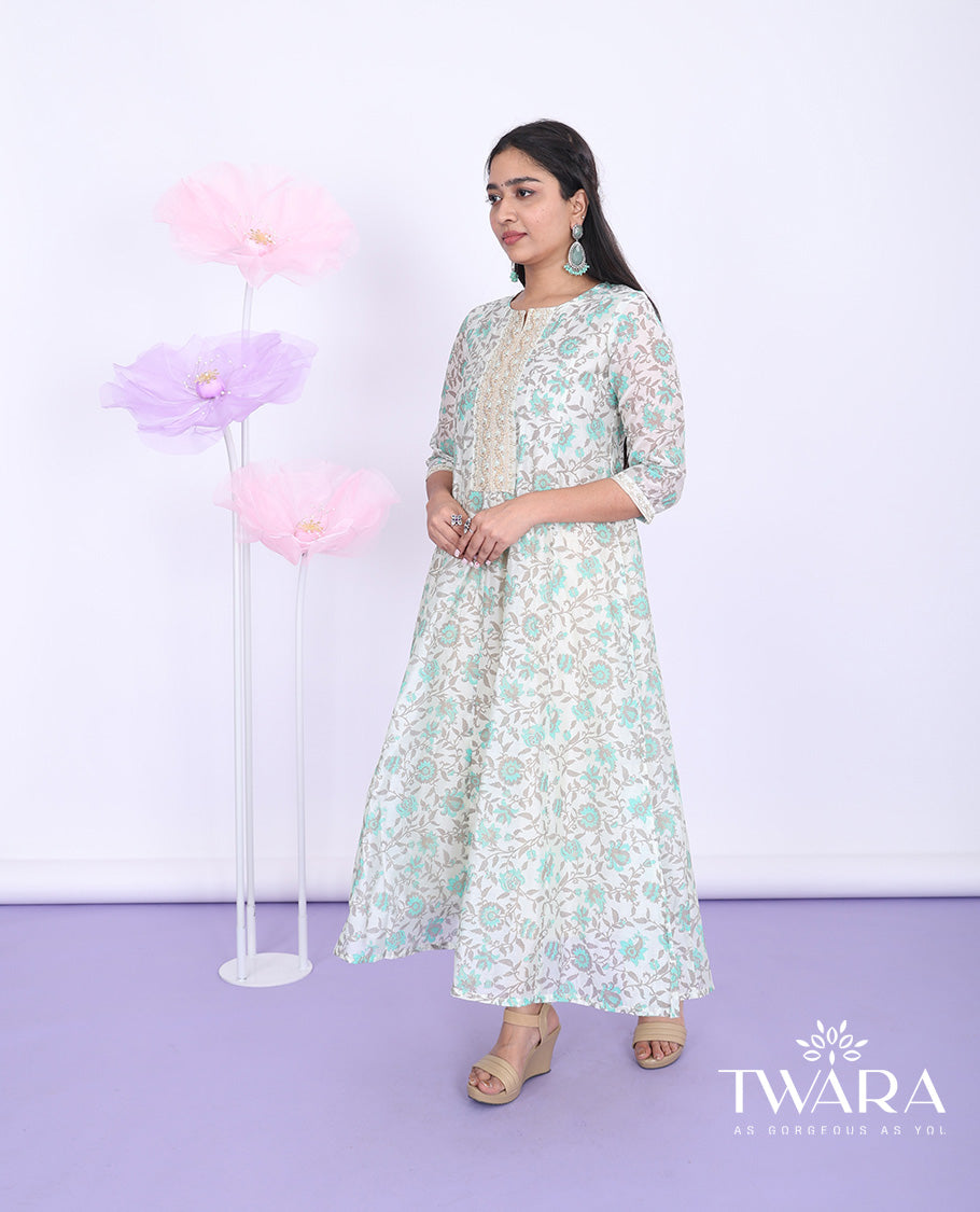 Twara cream floral vine & embroidered round neck with 3/4th sleeve tissue a-line full-length kurti