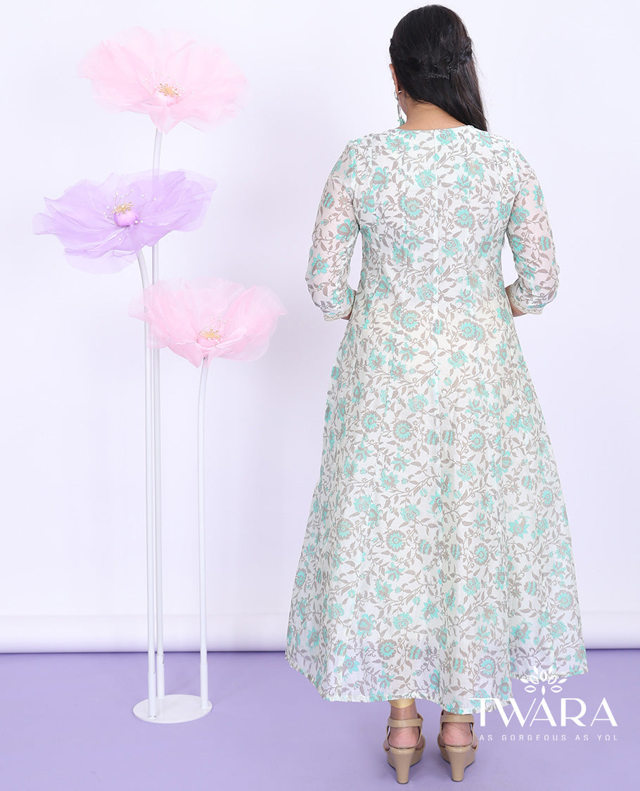 Twara cream floral vine & embroidered round neck with 3/4th sleeve tissue a-line full-length kurti