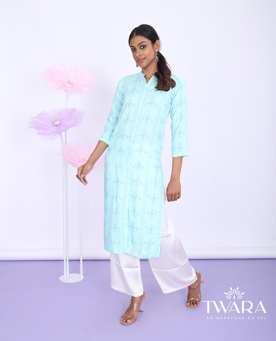 Twara blue unique motifs printed Chinese collar with 3/4th sleeve rayon straight-cut below-knee kurti