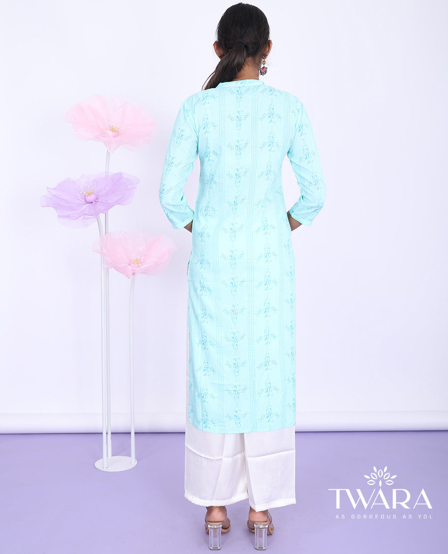 Twara blue unique motifs printed Chinese collar with 3/4th sleeve rayon straight-cut below-knee kurti