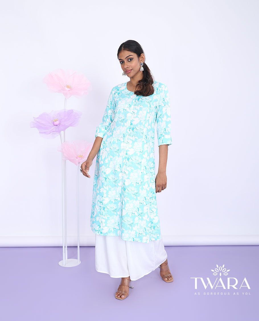 Twara blue floral printed round neck with 3/4th sleeve a-line cotton below-knee kurti
