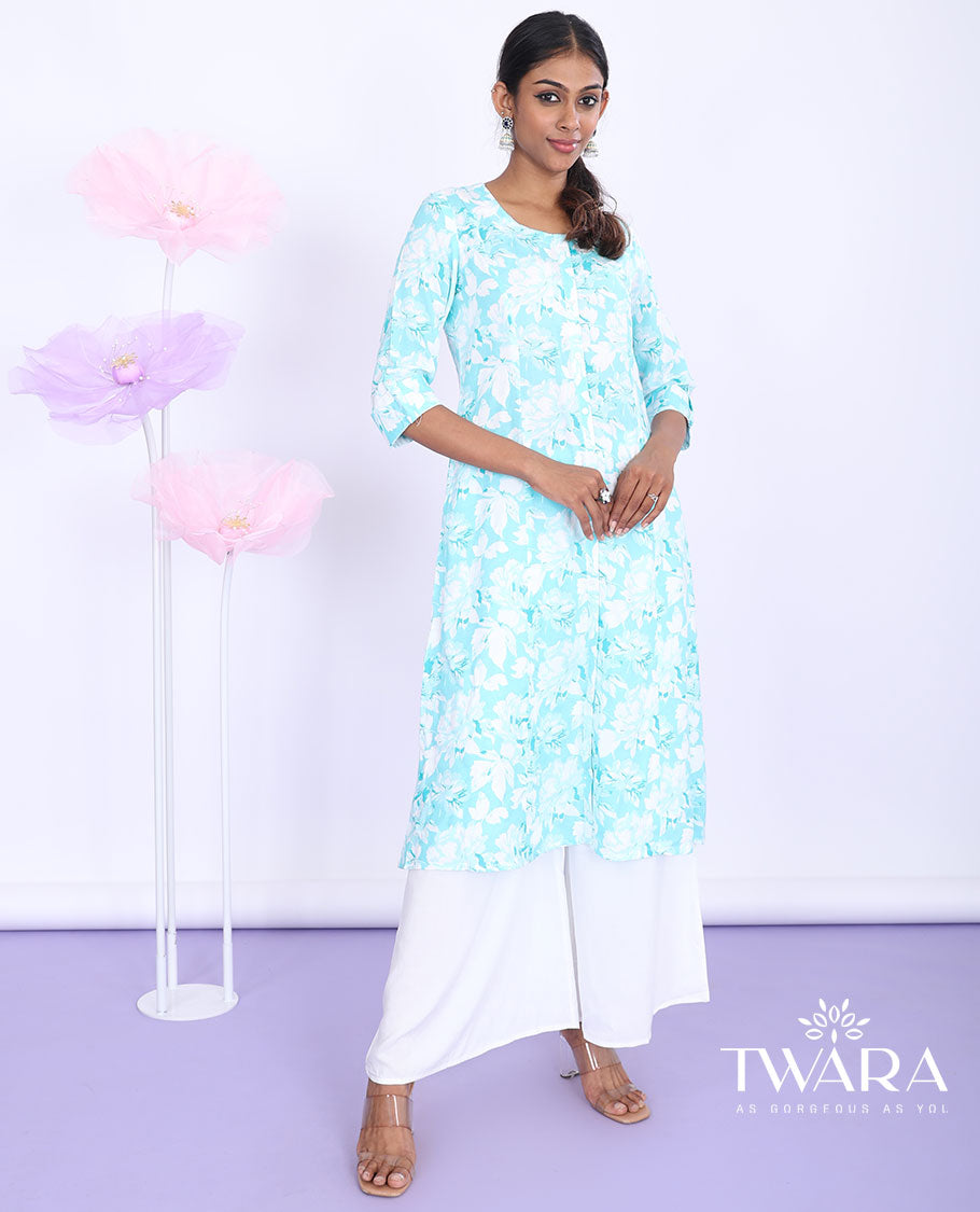 Twara blue floral printed round neck with 3/4th sleeve a-line cotton below-knee kurti