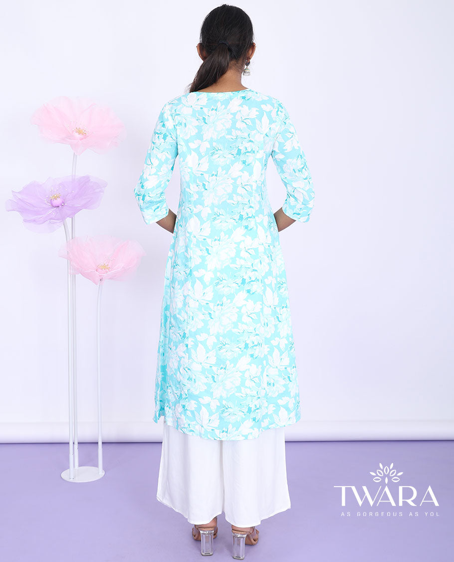 Twara blue floral printed round neck with 3/4th sleeve a-line cotton below-knee kurti