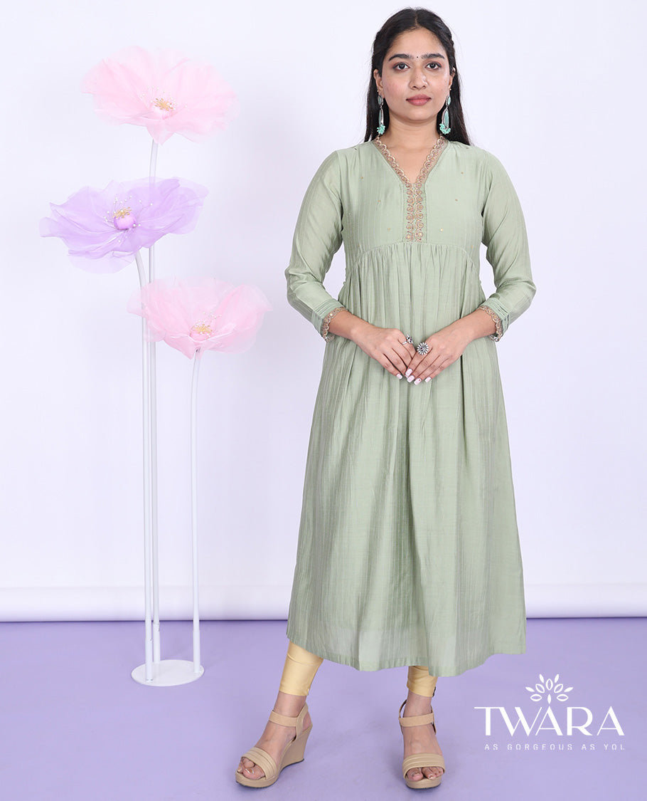 Twara green embroidered alia-neck with 3/4th sleeve muslin a-line calf-length kurti