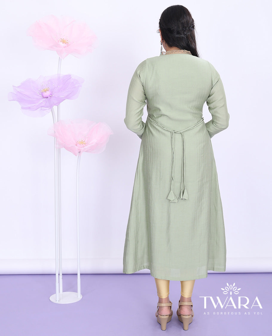 Twara green embroidered alia-neck with 3/4th sleeve muslin a-line calf-length kurti