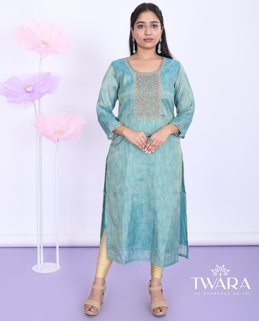 Twara blue intricately print & neck embroidered round neck with 3/4th sleeve tissue straight-cut calf-length kurti