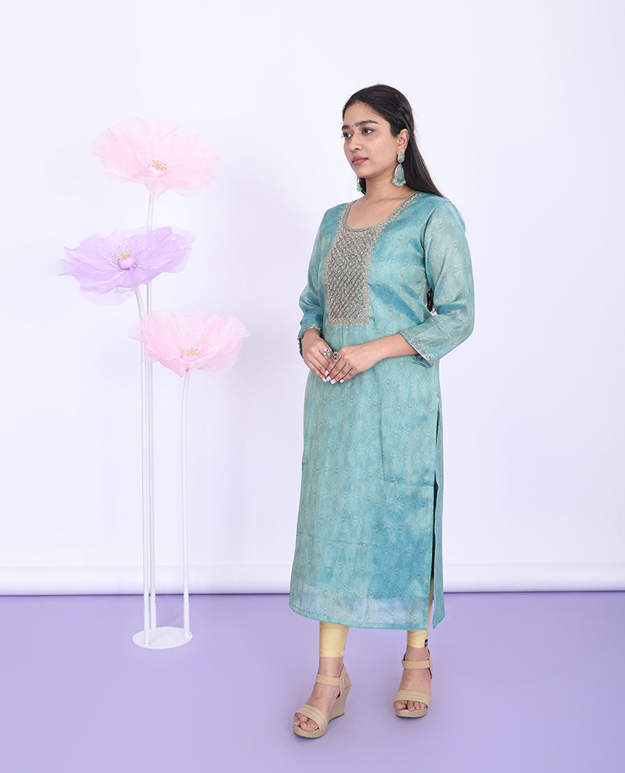 Twara blue intricately print & neck embroidered round neck with 3/4th sleeve tissue straight-cut calf-length kurti