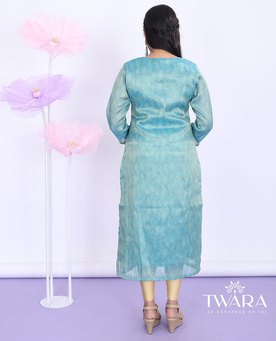 Twara blue intricately print & neck embroidered round neck with 3/4th sleeve tissue straight-cut calf-length kurti