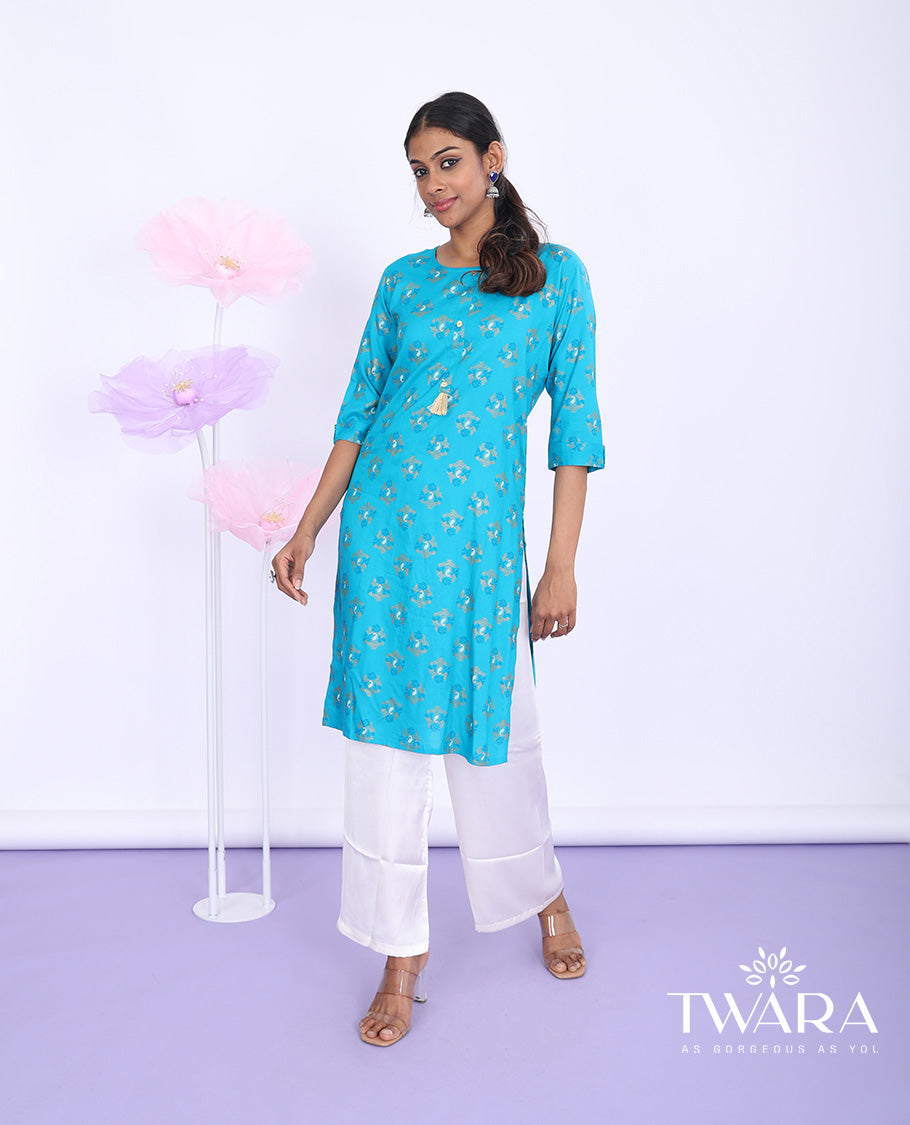 Twara blue unique motifs printed round neck with 3/4th sleeve rayon straight-cut knee length kurti