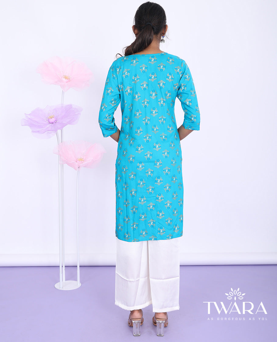 Twara blue unique motifs printed round neck with 3/4th sleeve rayon straight-cut knee length kurti