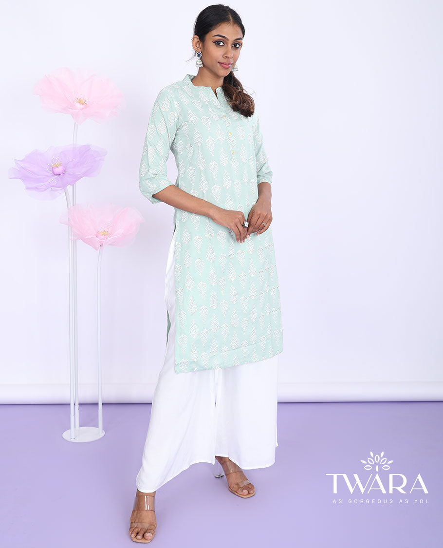 Twara green unique motifs printed Chinese collar with 3/4th sleeve rayon straight-cut knee-length kurti