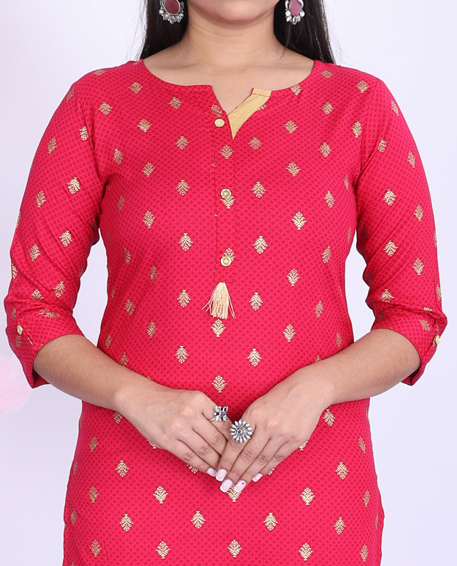 Twara red unique motifs printed round neck with 3/4th sleeve rayon straight-cut below-knee kurti